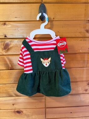 Holiday Red & White Striped Top with Green Corduroy Pinafore - Pet Apparel